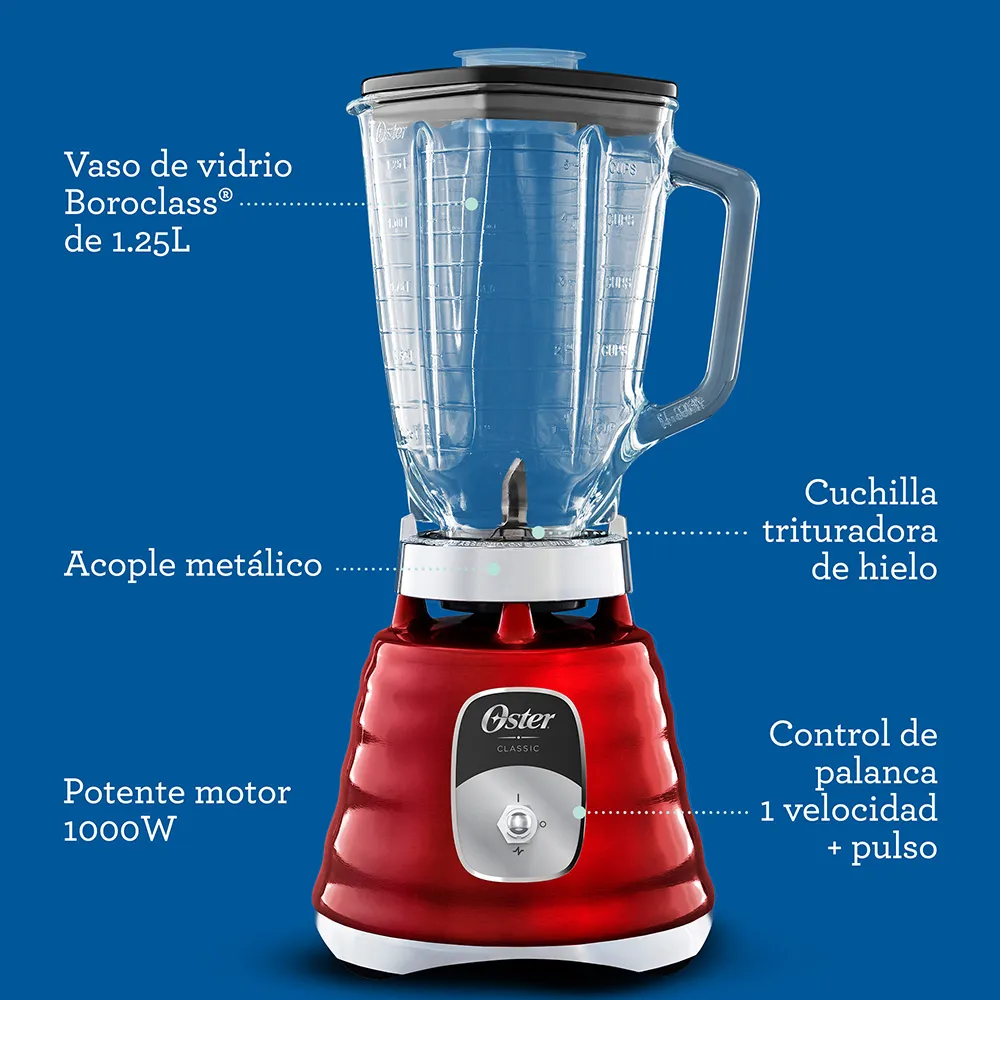 Licuadora Clásica Oster Vaso Vidrio, Interruptor Palanca, Rojo