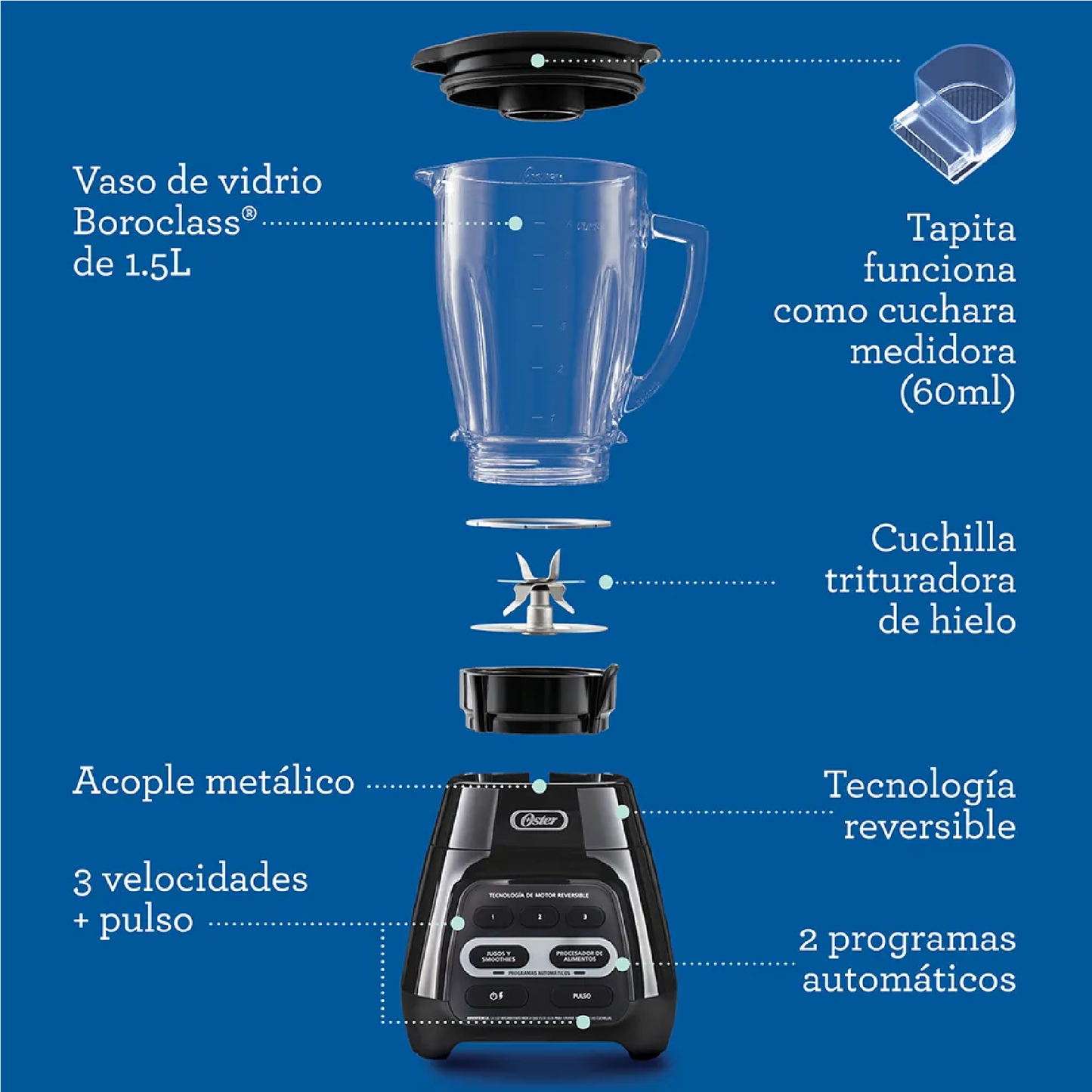 Licuadora Oster Programas Automáticos Vaso Vidrio, Negro