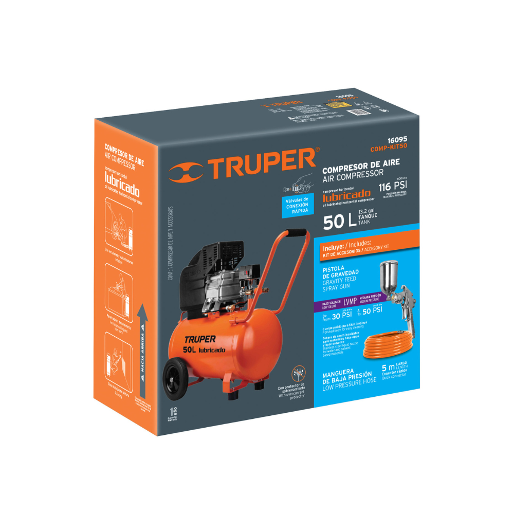 KIT COMPRESOR 50 L 3.1 2 HP MANGUERA DE PVC Y PISTOLA