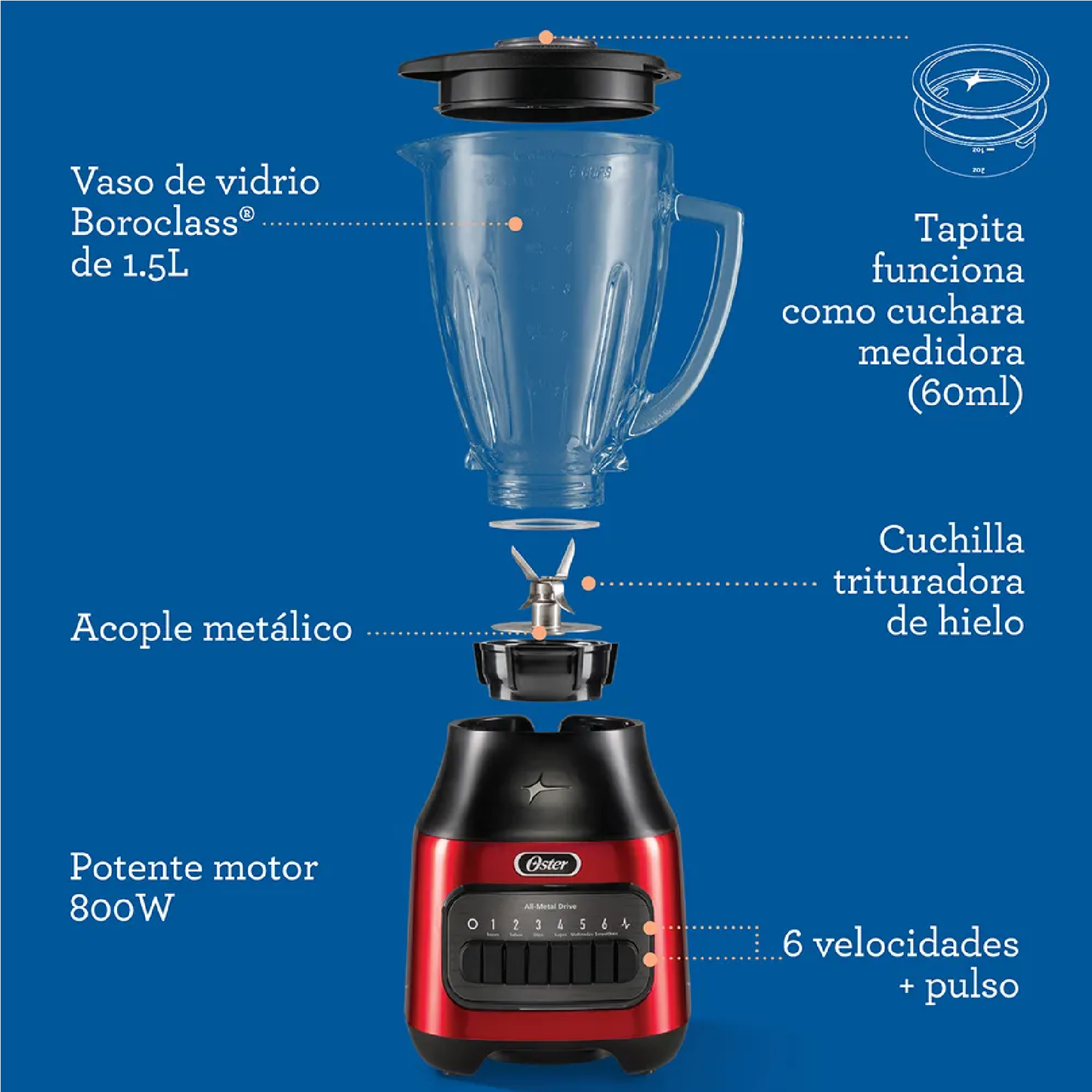 Licuadora Oster Vaso Vidrio, 6 Velocidades, Más Pulso, Rojo Negro