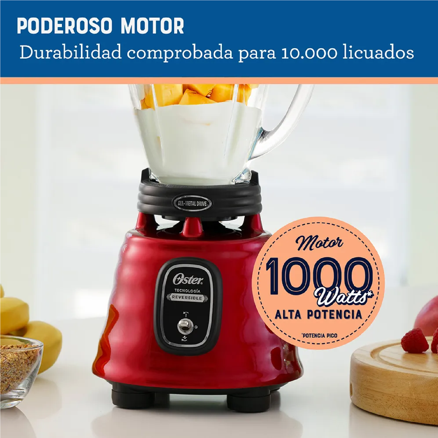 Licuadora Clásica Oster Vaso Vidrio, Motor Reversible, Rojo