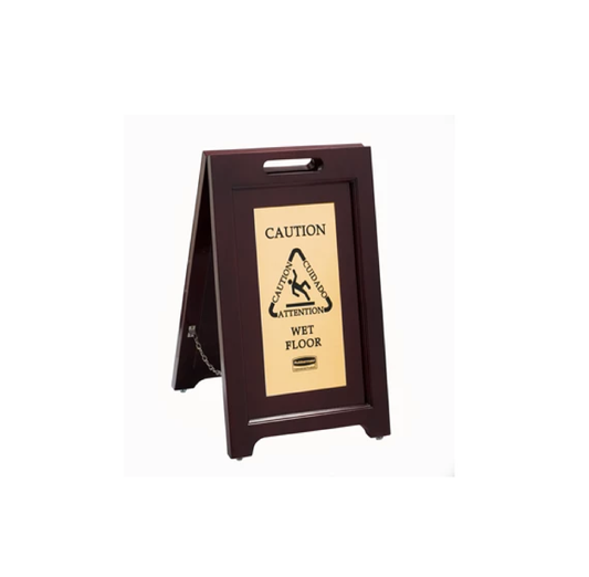 SEÑAL DE MADERA EXECUTIVE "CUIDADO" MULTILINGUAL, 2 CARAS, DORADO, 22"