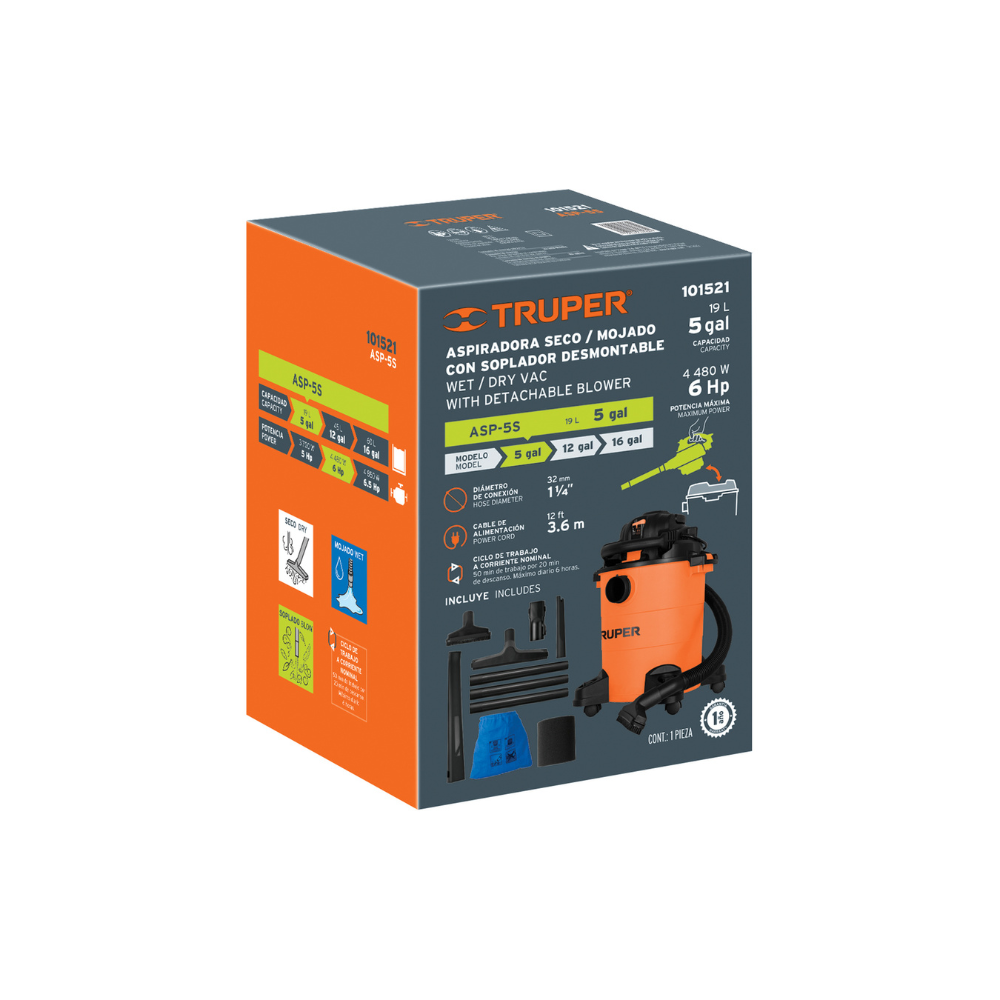Aspiradora/sopladora de solidos y liquidos 5 gal, plastica