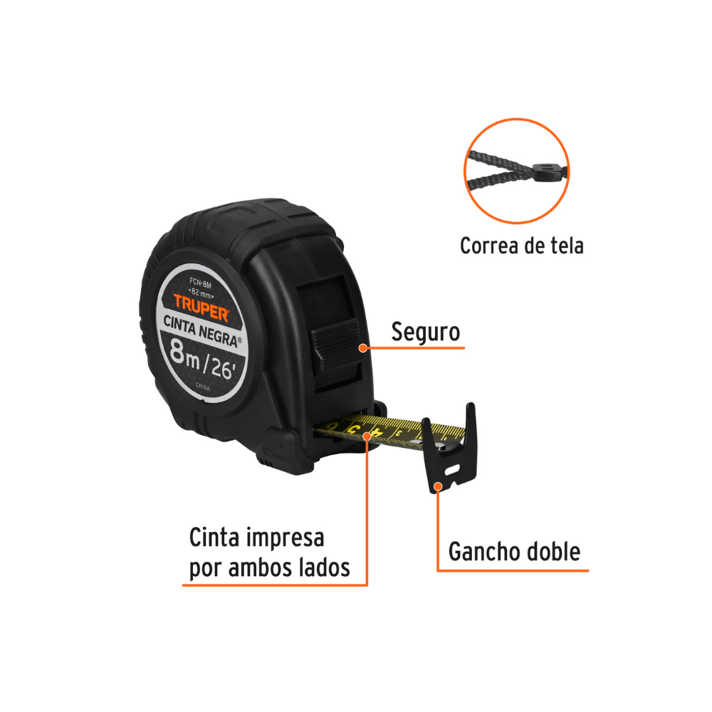 Flexometro Cinta Negra 8 m cinta 27 mm