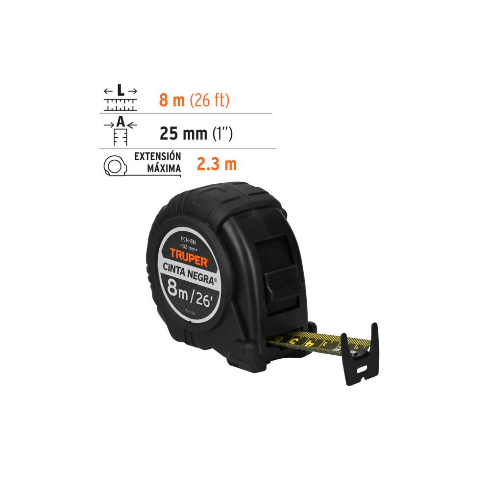 Flexometro Cinta Negra 8 m cinta 27 mm