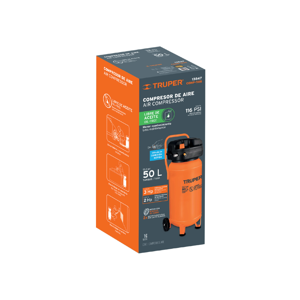 COMPRESOR DE AIRE LIBRE DE ACEITE 50 L 3 HP