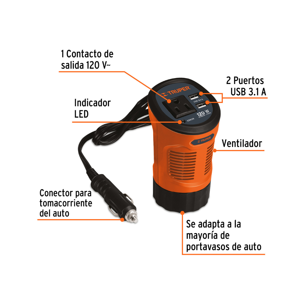 Inversor de corriente 120 W tipo vaso
