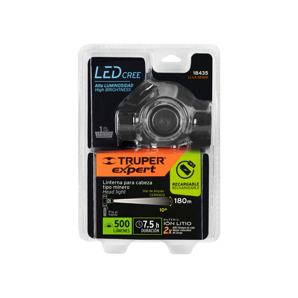Linterna de minero 500 lumenes 1 LED recargable