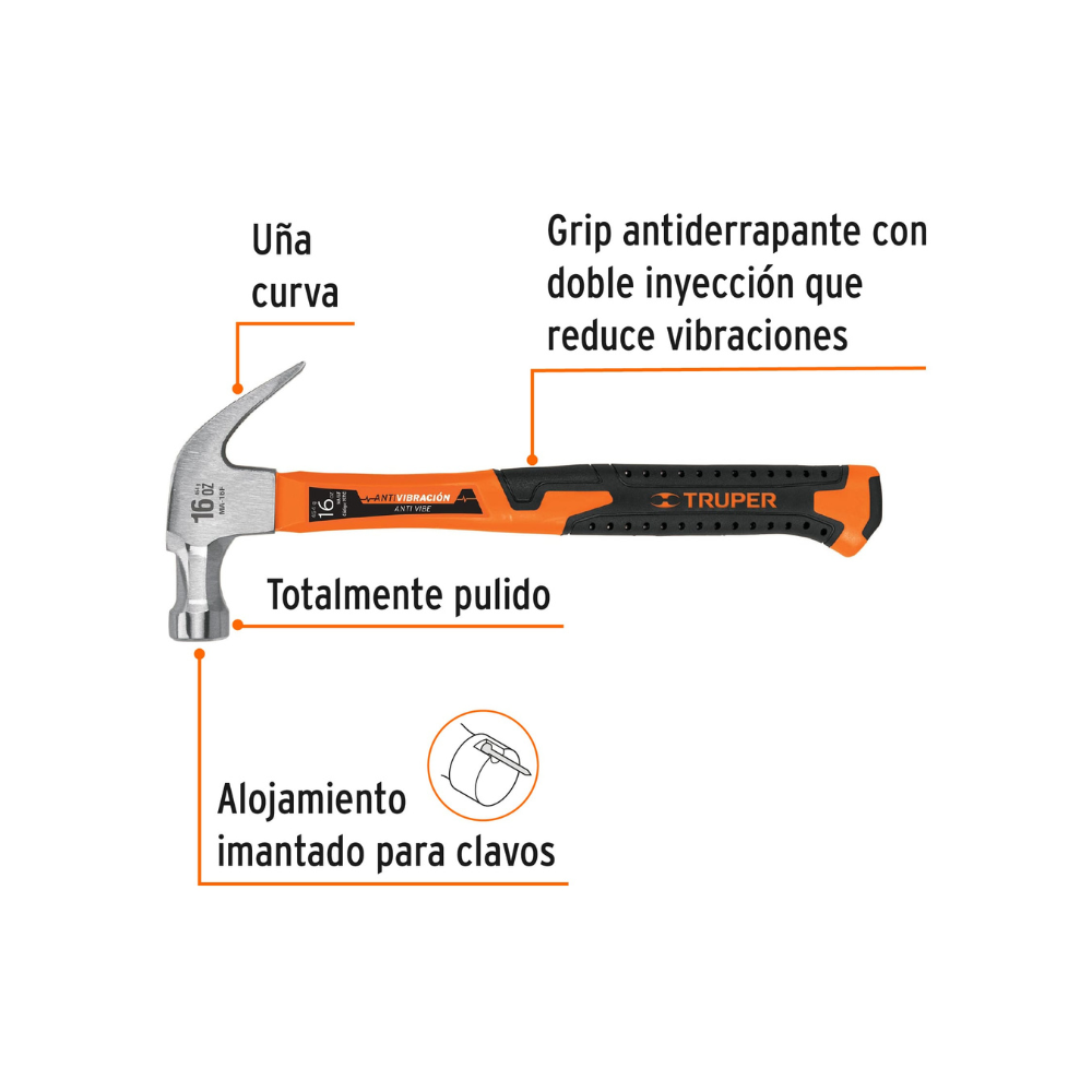 Martillo pulido curvo 16oz fibra vidrio